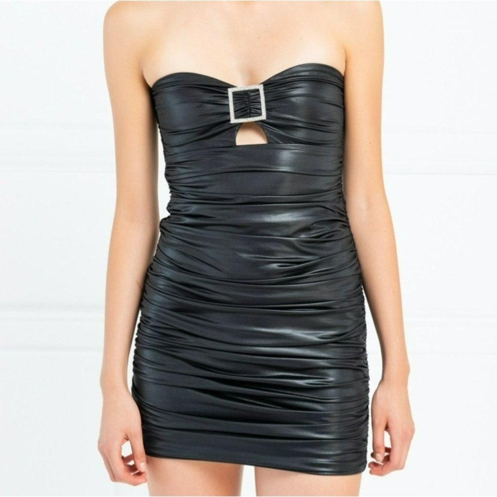 KikiRiki Faux Leather Square Buckle Tube Dress Black Size Small NWT